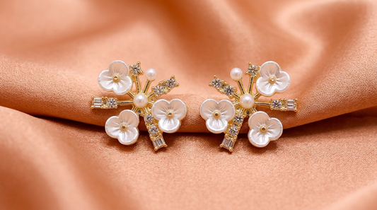 White Floral Pearl Stud Earrings