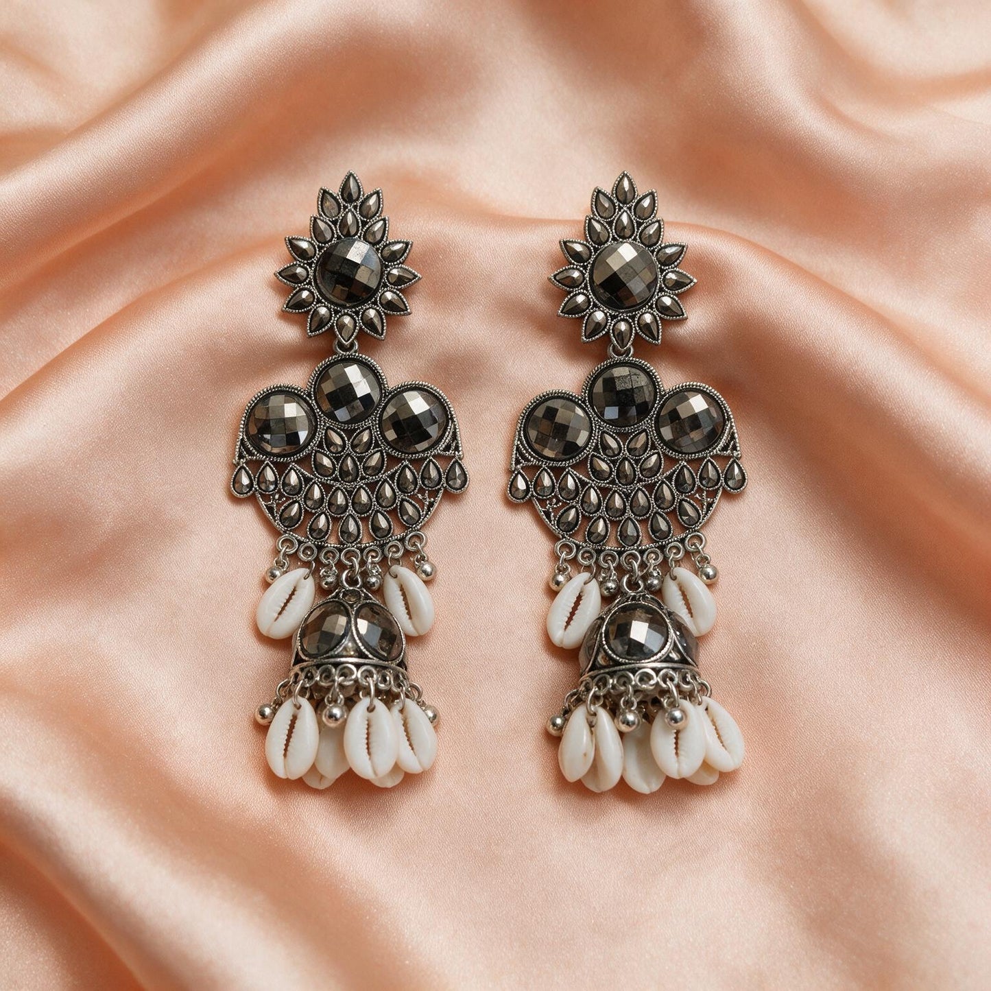 Black Stone Chandbali Jhumka Earrings