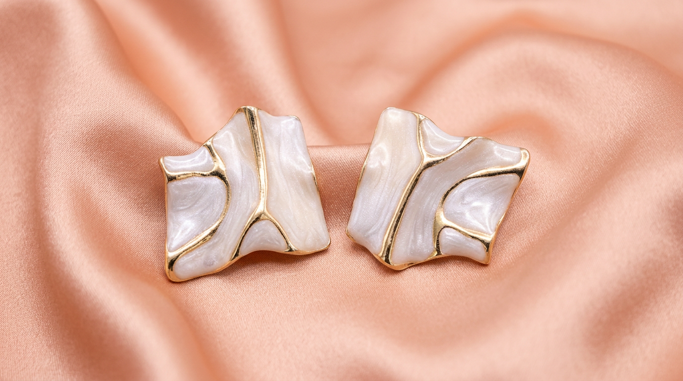 White Marble Abstract Stud Earrings with Gold Detailing