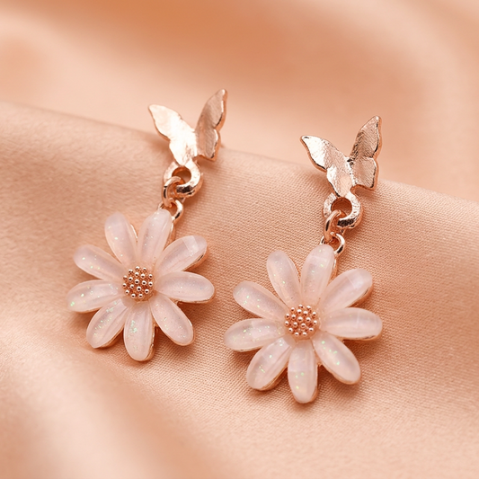 White Floral Rose Gold Hoop Earrings