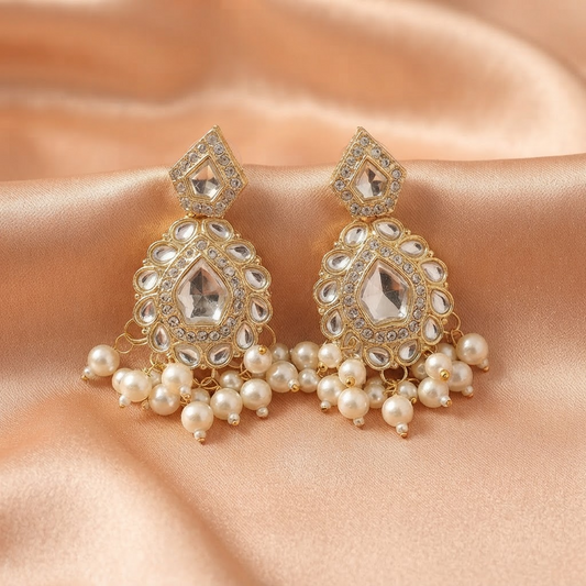 Gold-Plated Kundan Pearl Drop Earrings