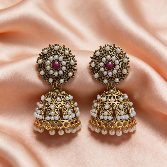 Antique Pearl Embellished Royal Jhumka Earrings