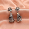 Oxidised Silver Black Stone Floral Jhumka Earrings