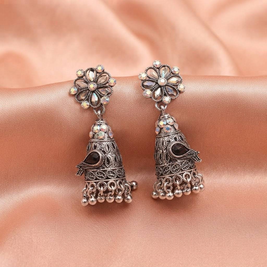 Oxidised Silver Black Stone Floral Jhumka Earrings
