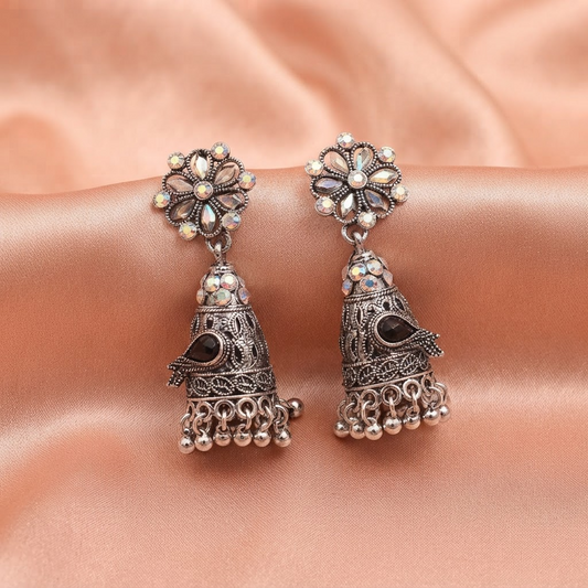 Oxidised Silver Black Stone Floral Jhumka Earrings