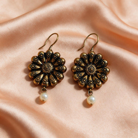 Antique Gold Floral Pearl Drop Earrings