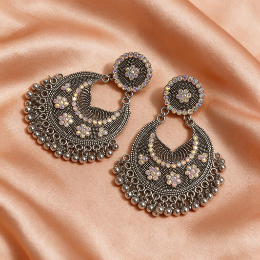 Oxidised Silver Peacock Crystal Chandbali Earrings