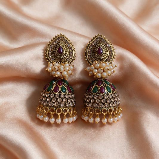 Multicolour Kundan Pearl Jhumka Earrings