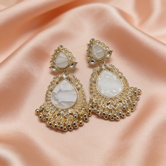 Regal White Kundan Teardrop Statement Earrings