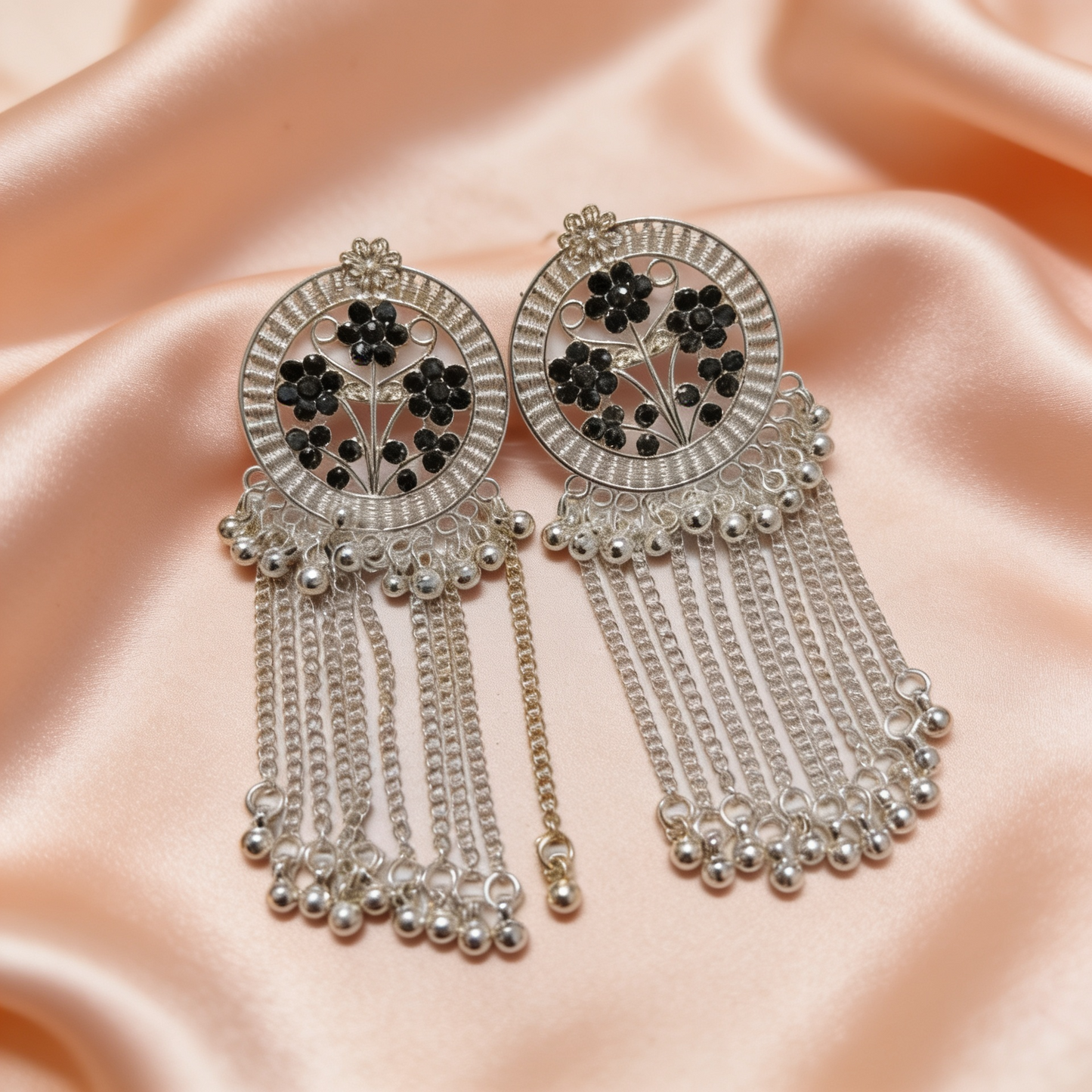 Black Floral Silver-Tone Chain Chandelier Earrings