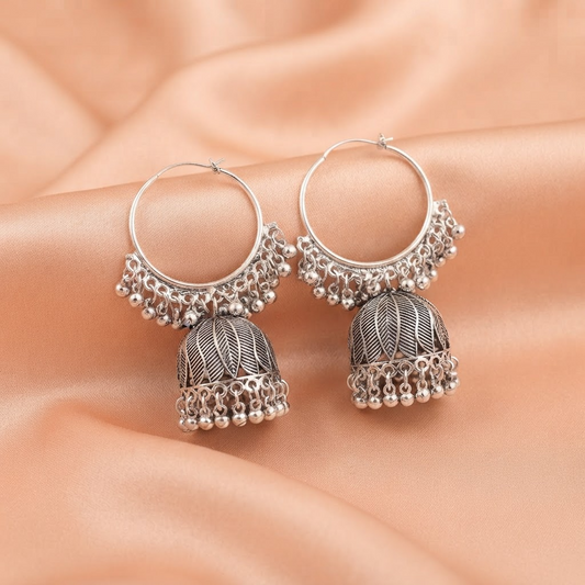 Oxidised Silver Leaf Jhumka Hoop Earrings