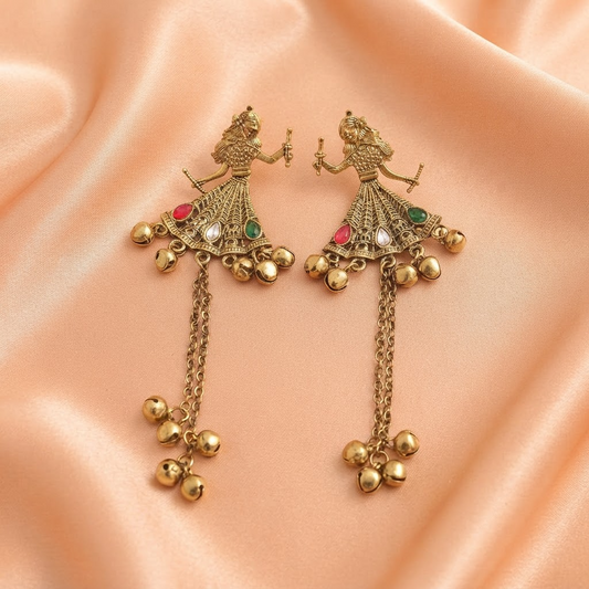 Antique Gold Dancing Lady Chain Tassel Earrings