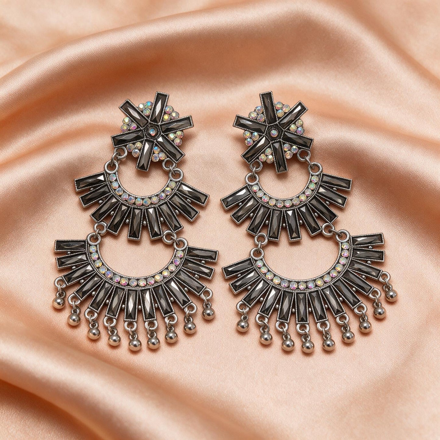 Black Crystal Geometric Chandbali Earrings