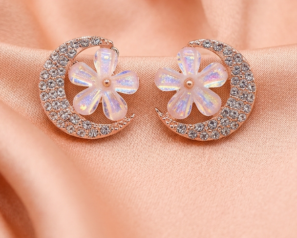 Crystal Crescent Floral Stud Earrings