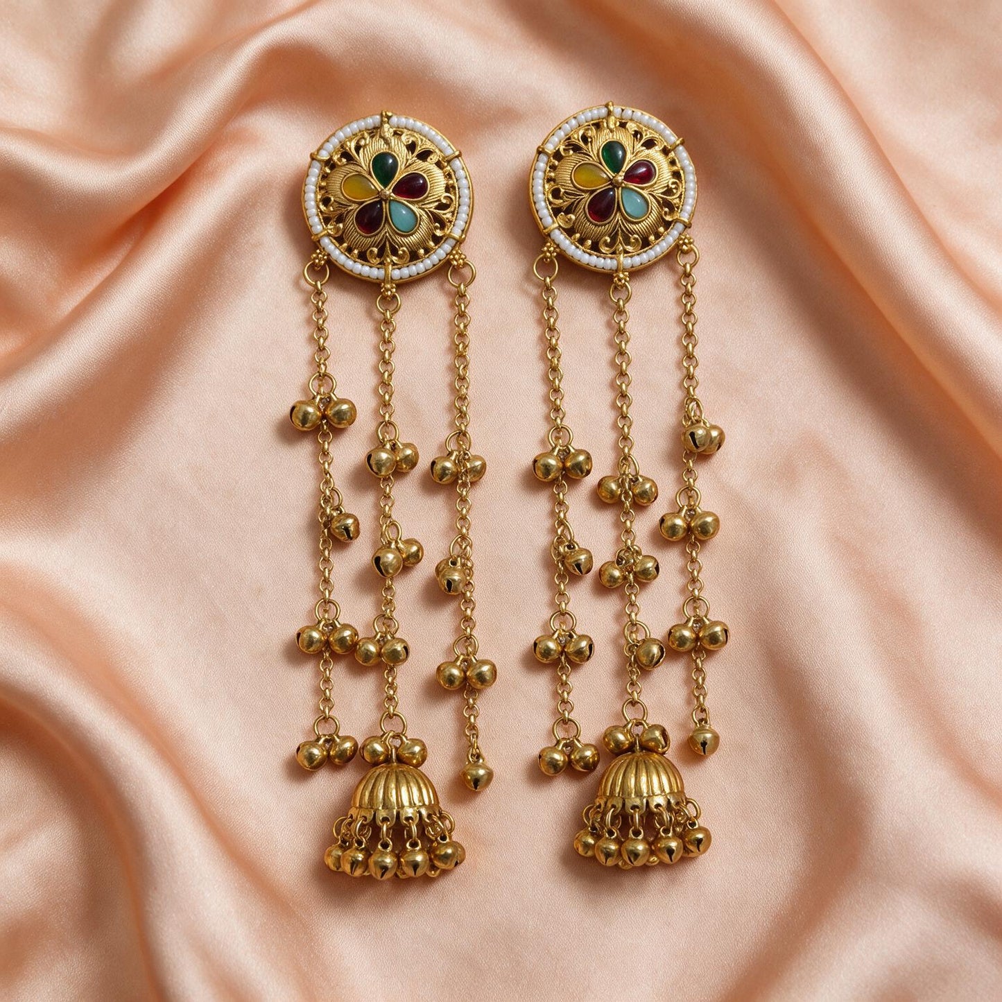 Multicolour Stone Long Jhumka Earrings