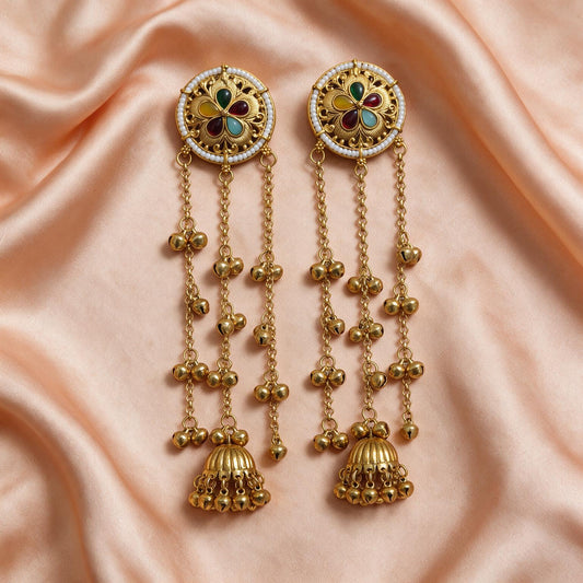 Multicolour Stone Long Jhumka Earrings