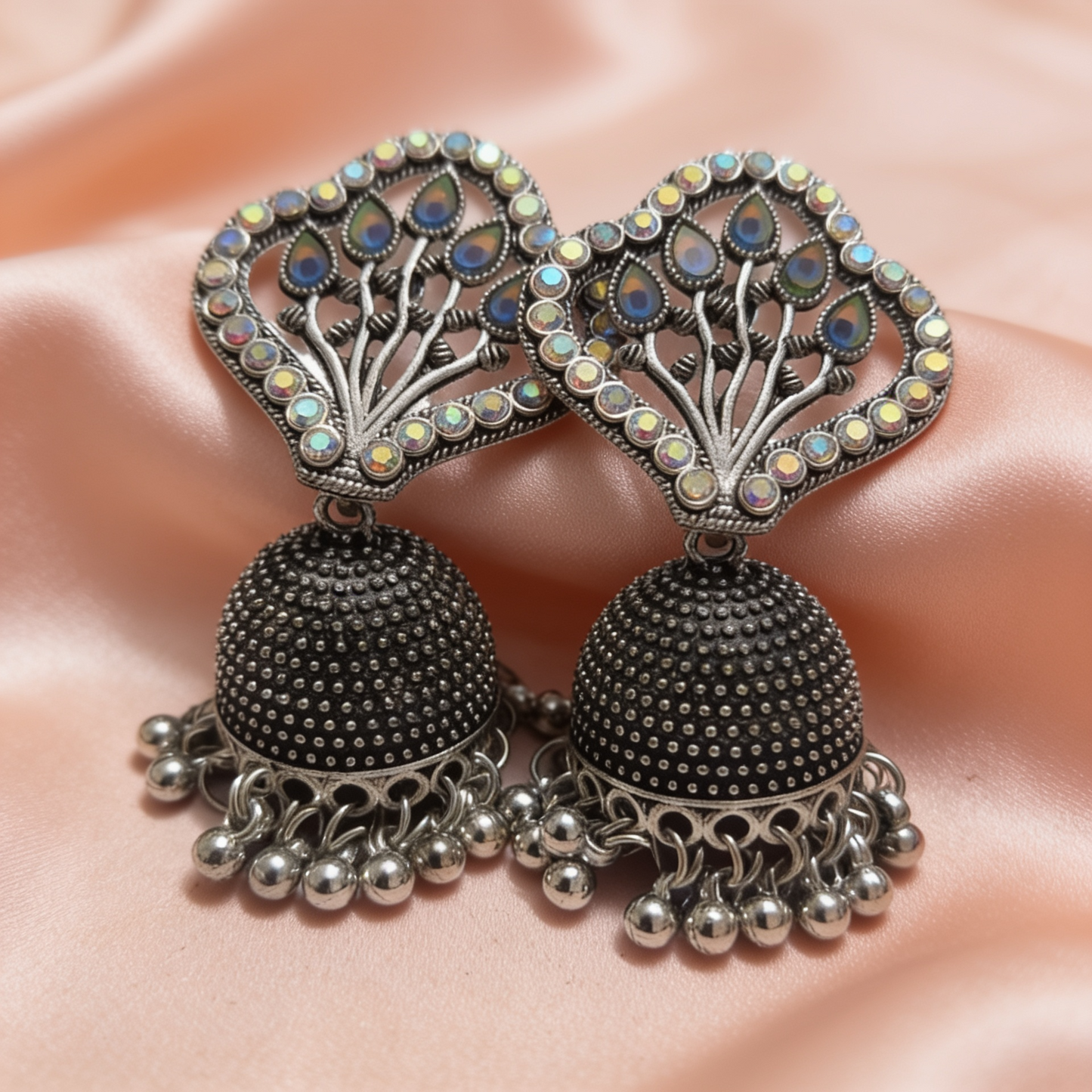 Peacock Tree Oxidised Silver Jhumka Earrings