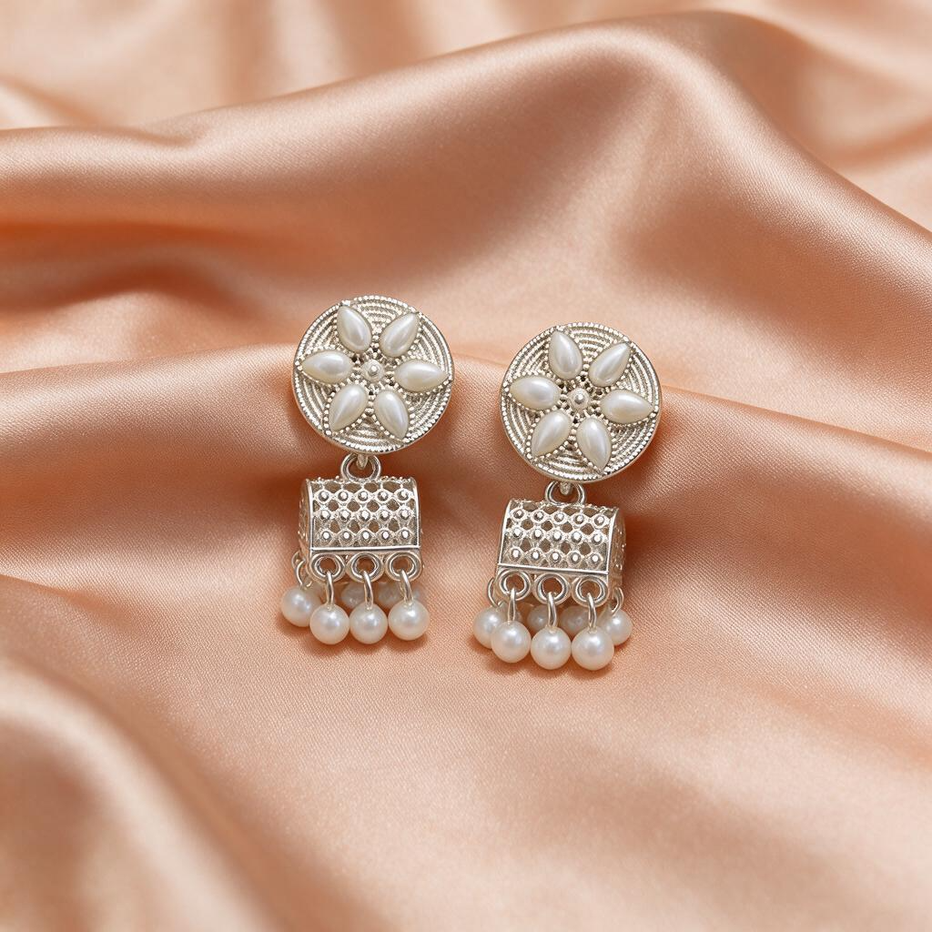 Silver Floral Pearl Drop Jhumka Earrings
