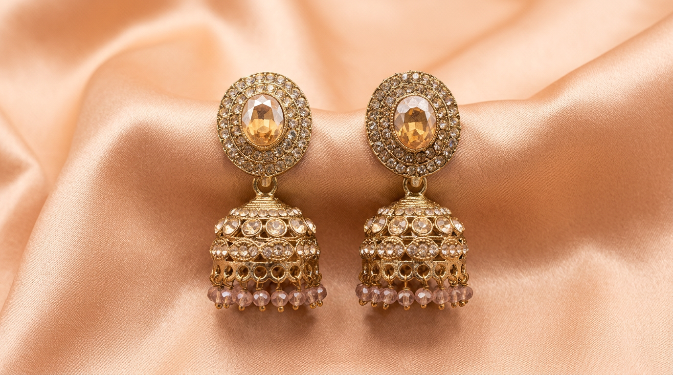 Golden Kundan Crystal Jhumka Earrings
