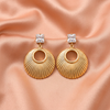 Gold Ribbed Round Drop Earrings with Square Crystal Studs