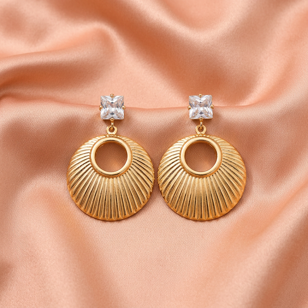 Gold Ribbed Round Drop Earrings with Square Crystal Studs