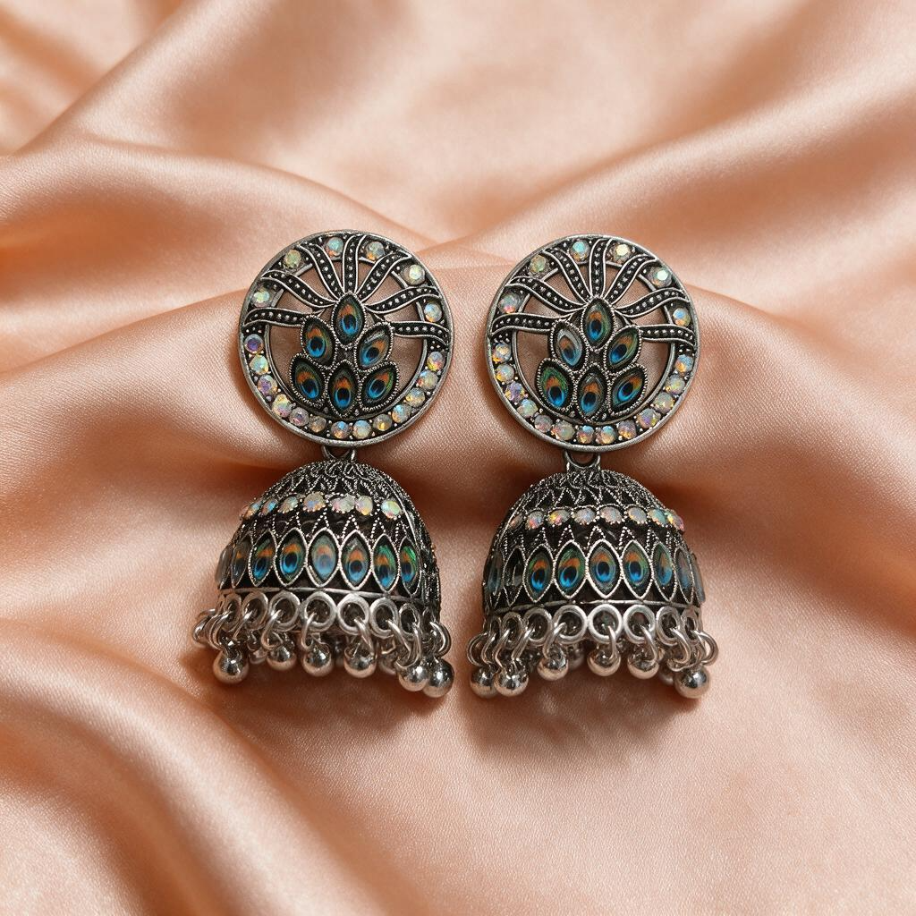 Peacock Enamel Oxidised Jhumka Earrings