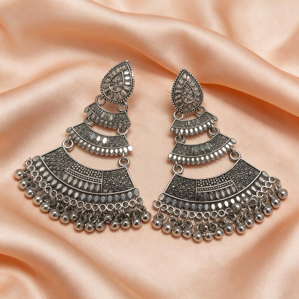 Oxidised Silver Layered Chandbali Earrings