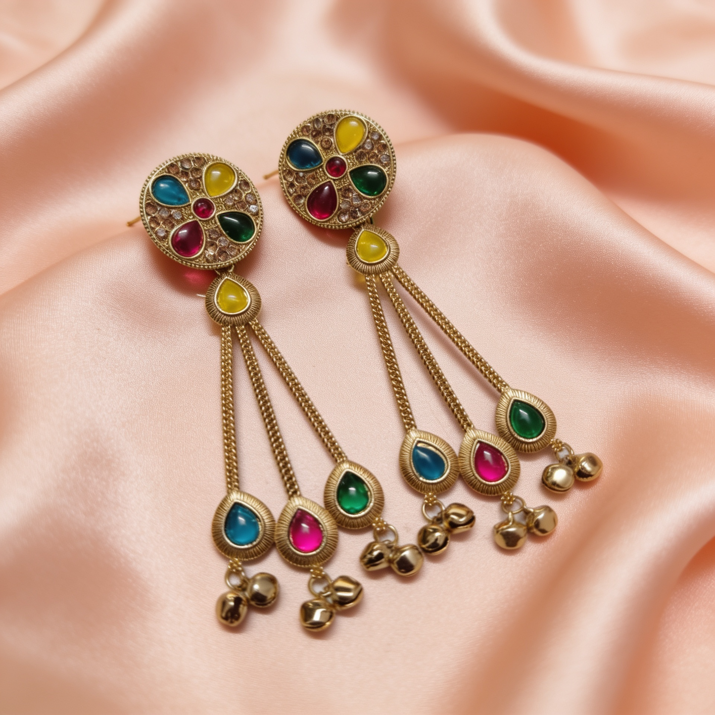 Multicolour Kundan Long Tassel Earrings