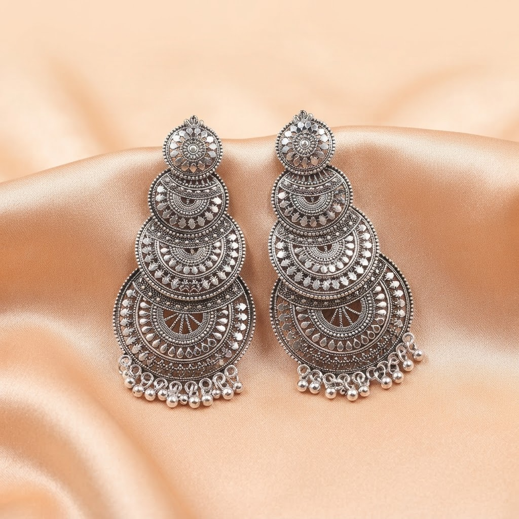 Layered Oxidised Silver Chandbali Statement Earrings