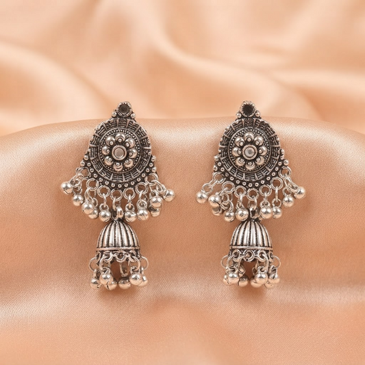 Oxidised Silver Round Jhumka Earrings