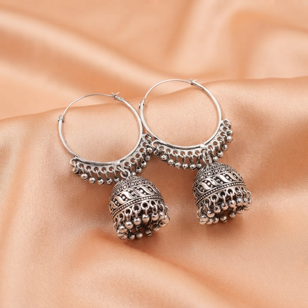 Oxidised Silver Hoop Jhumka Earrings