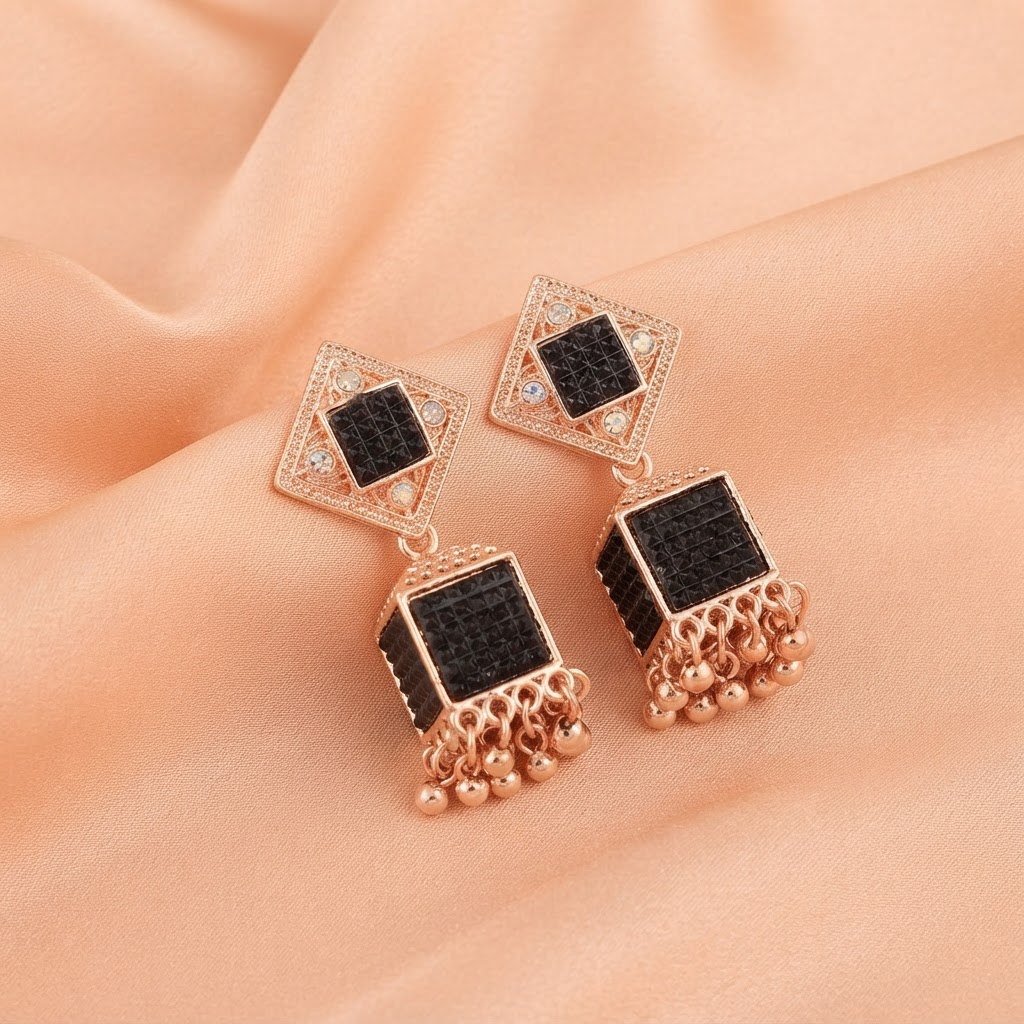 Rose Gold Black Square Jhumka Earrings