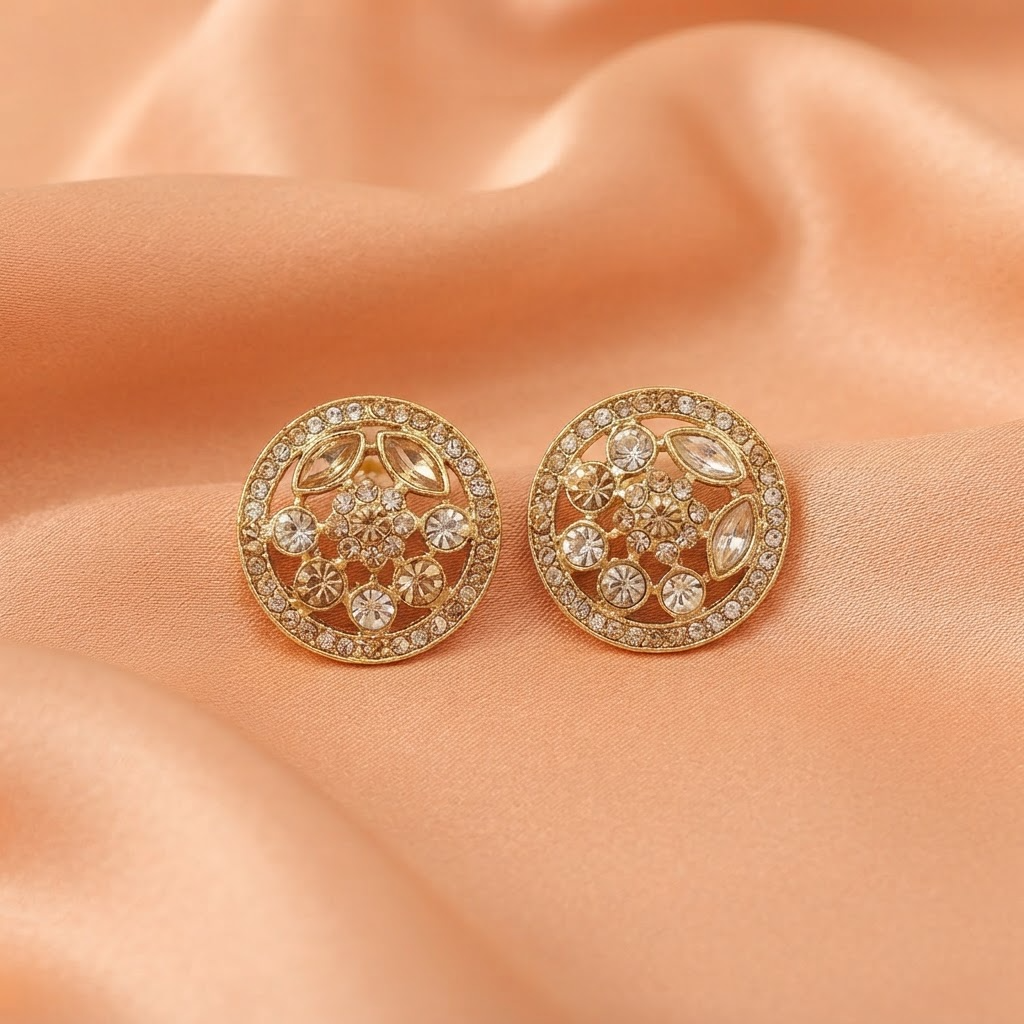 Golden Kundan-Style Round Stud Earrings