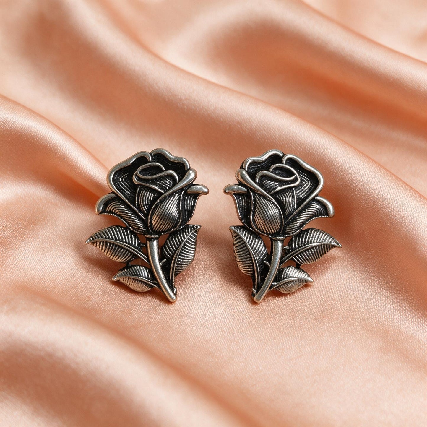 Oxidised Silver Rose Flower Stud Earrings