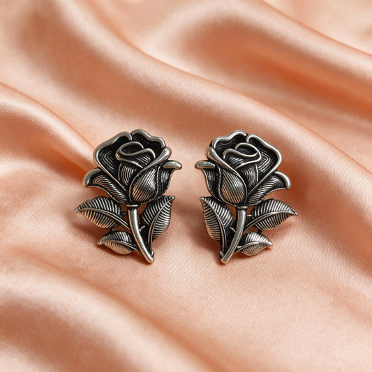 Oxidised Silver Rose Flower Stud Earrings