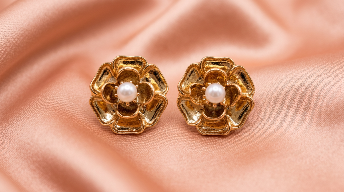 Golden Floral Pearl Stud Earrings