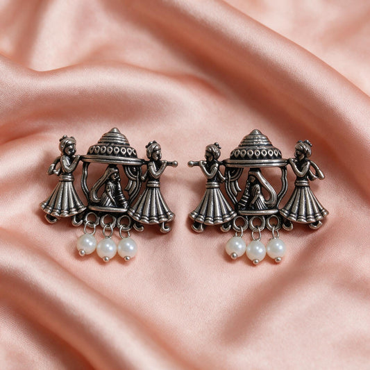 Oxidised Silver Temple Jhumka Earrings with Pearl Drops