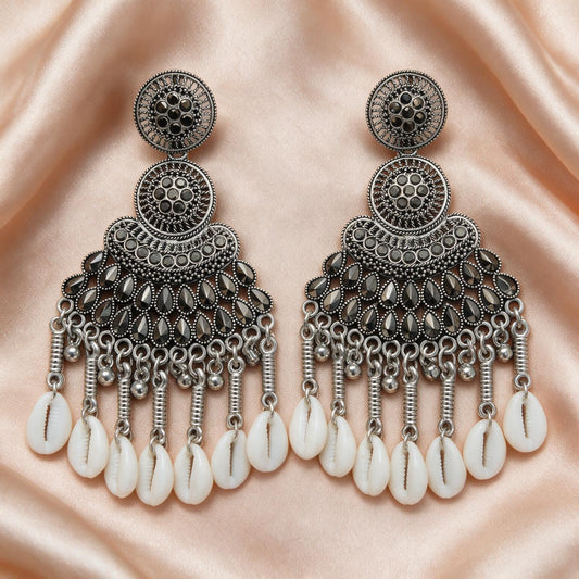 Oxidised Silver Shell Charm Chandbali Earrings