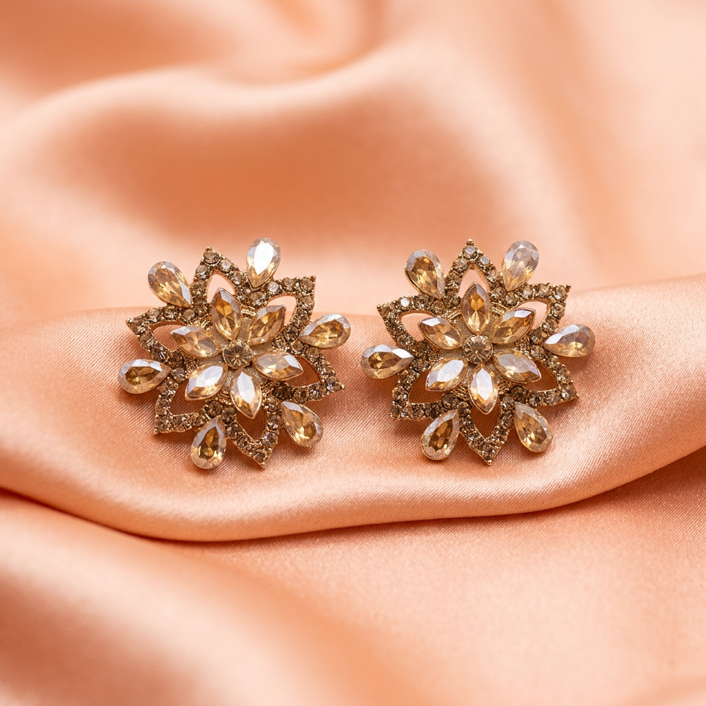 Champagne Gold Floral Stone Stud Earrings