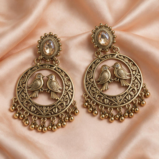 Antique Gold Bird Motif Chandbali Earrings