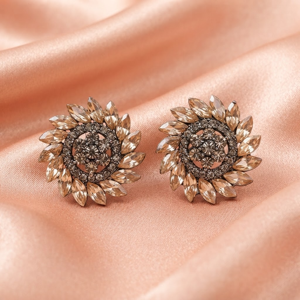 Golden Sunflower Crystal Stud Earrings