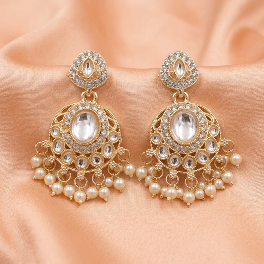 Golden Kundan Pearl Jhumka Earrings