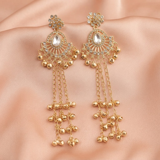 Gold Crystal Chandbali Tassel Earrings