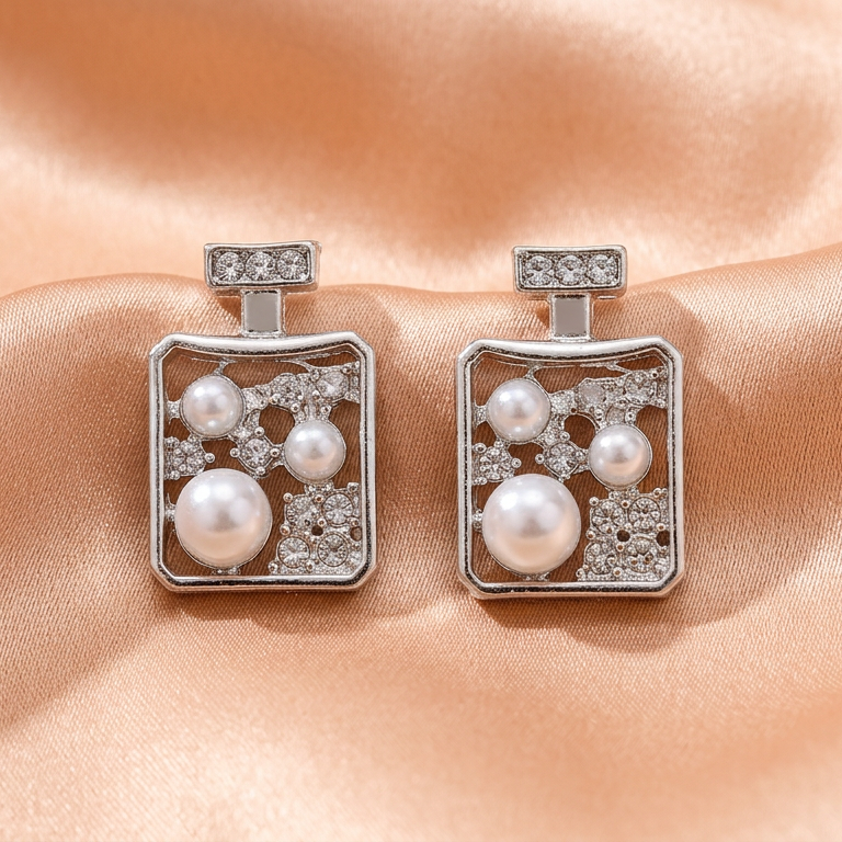 Pearl & Crystal Square Drop Stud Earrings