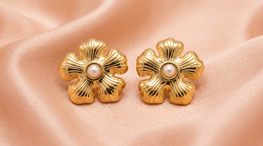 Golden Floral Pearl Stud Earrings