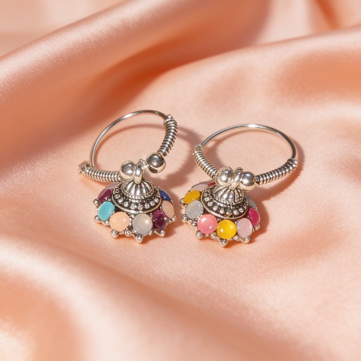 Multicolour Beaded Oxidised Silver Jhumka Earrings