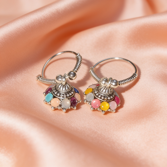 Multicolour Beaded Oxidised Silver Jhumka Earrings
