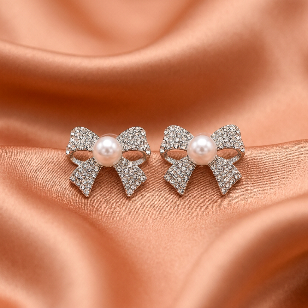 Bow Earrings Golden & Silver Pearl Set