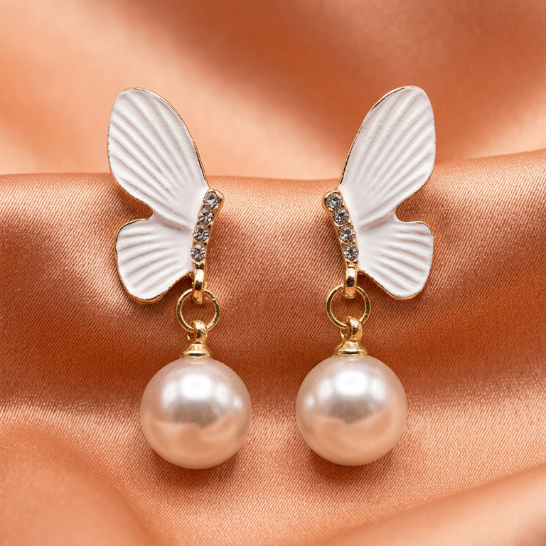 White Butterfly Pearl Drop Earrings with Crystal Detailing