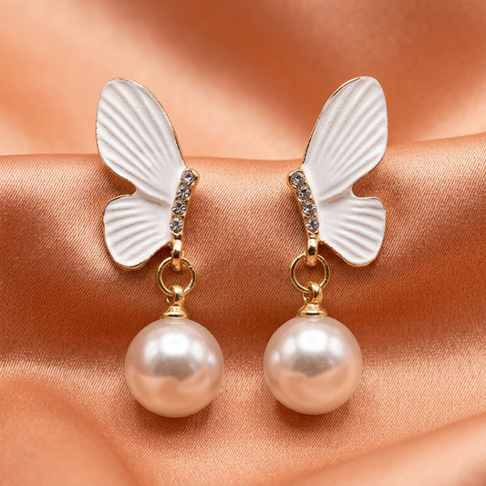 White Butterfly Pearl Drop Earrings with Crystal Detailing